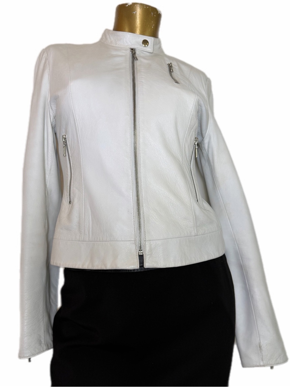 Y2K Vintage Cache White Genuine Leather Moto Jacket Exposed Zippers Size 6